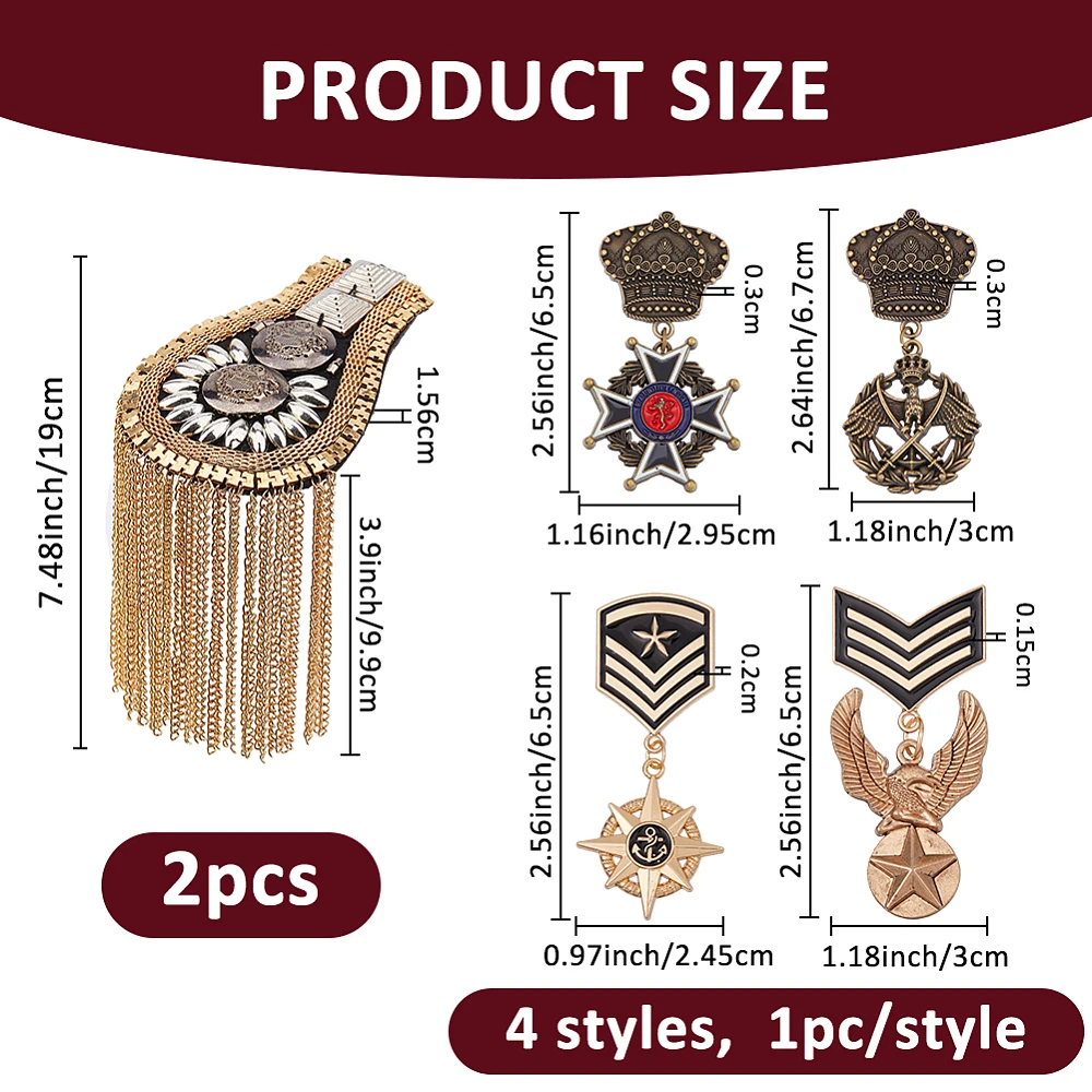 4 Styles Hero Medals Brooch Pins and 1 Pair Tassel Shoulder Golden Shoulder Brooch Pin Epaulette Shoulders Retro Medals Badges