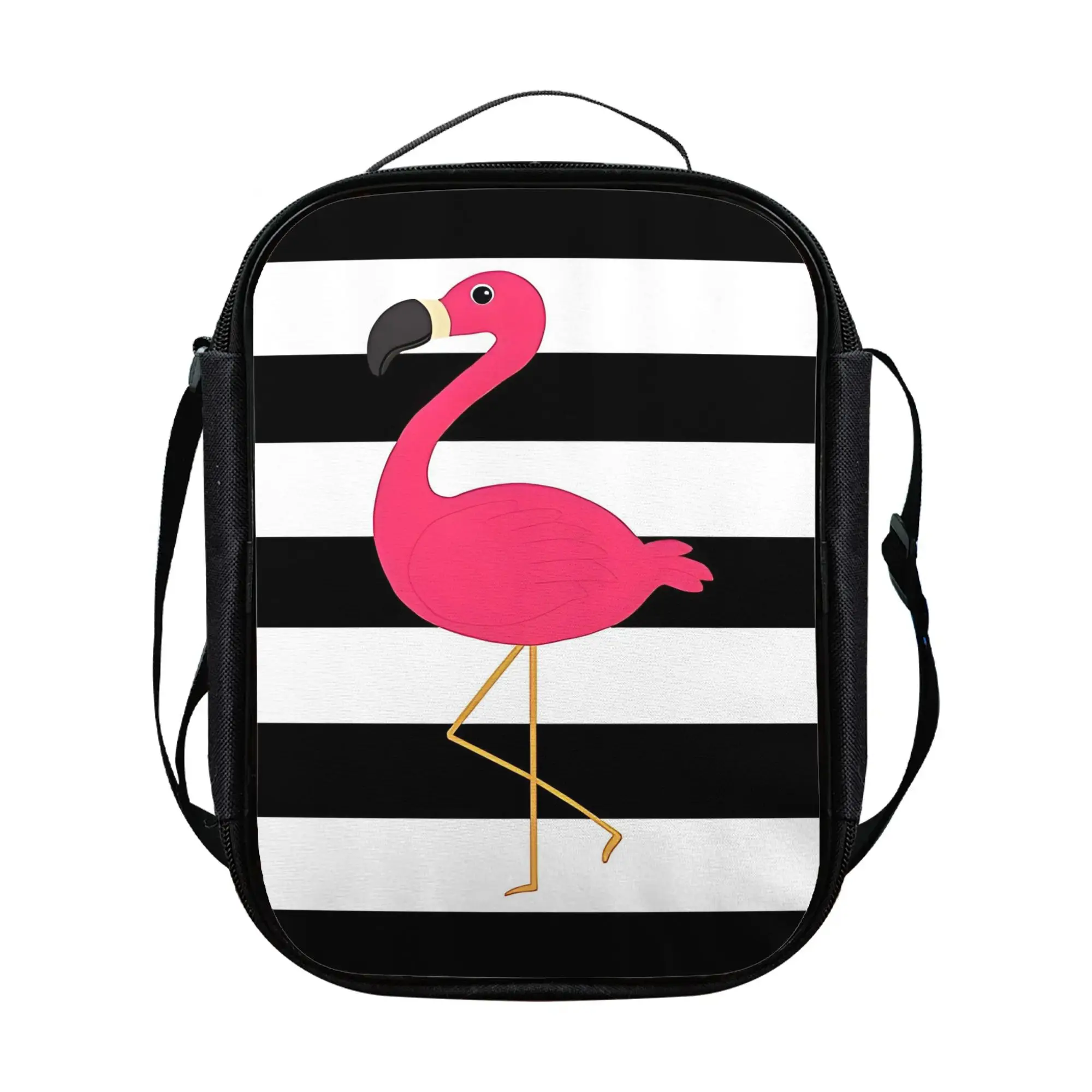 Black White Striped Pink Flamingo Not Suitable for Contact with Food Unisex Adolescent Fashionable Printed Lunch Bag