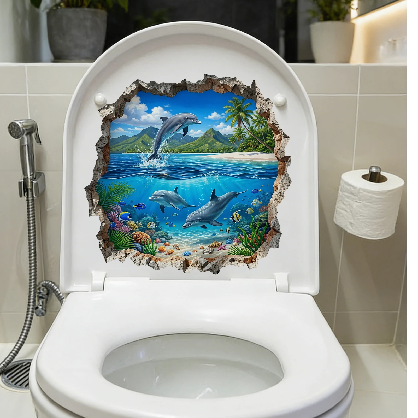 Delfin-Strand-Wandaufkleber, Unterwasser-Korallenszene mit Delfinen, die die Wand durchdringen, Vinyl-Aufkleber
