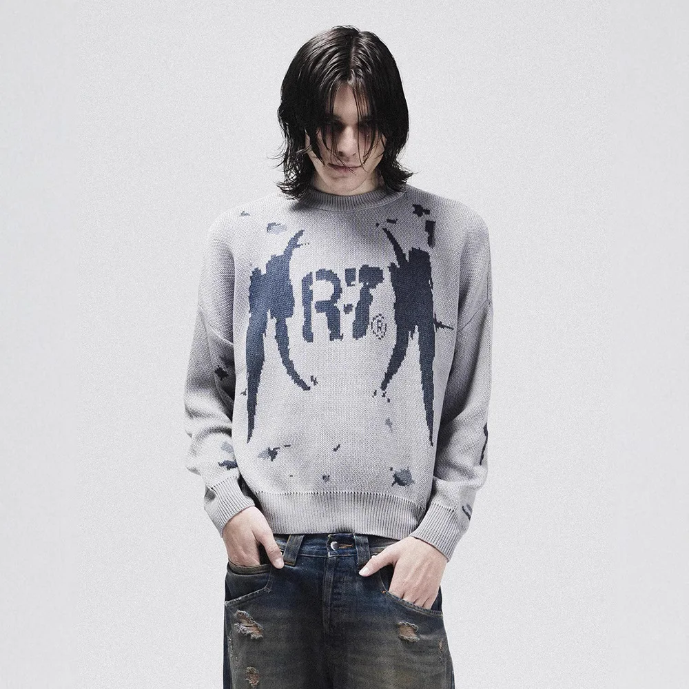 

Y2k Graphic Round Neck Long Sleeved Sweater Punk Gothic Style Tops Dynamic Sky Knitted Pullover Hoodies Streetwear Outfit Ootd
