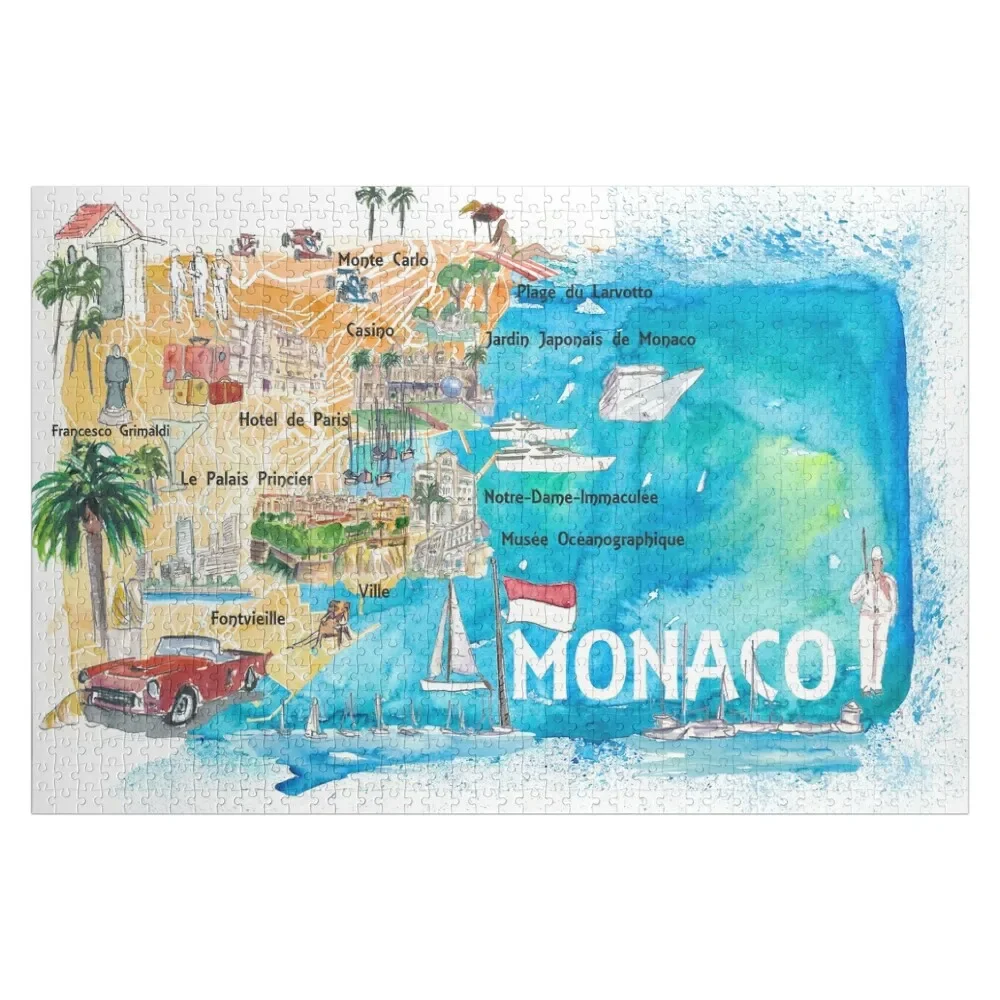 Monaco Monte Carlo Illustrated Map with Landmarks and Highlights Jigsaw Puzzle Wooden Adults Puzzle