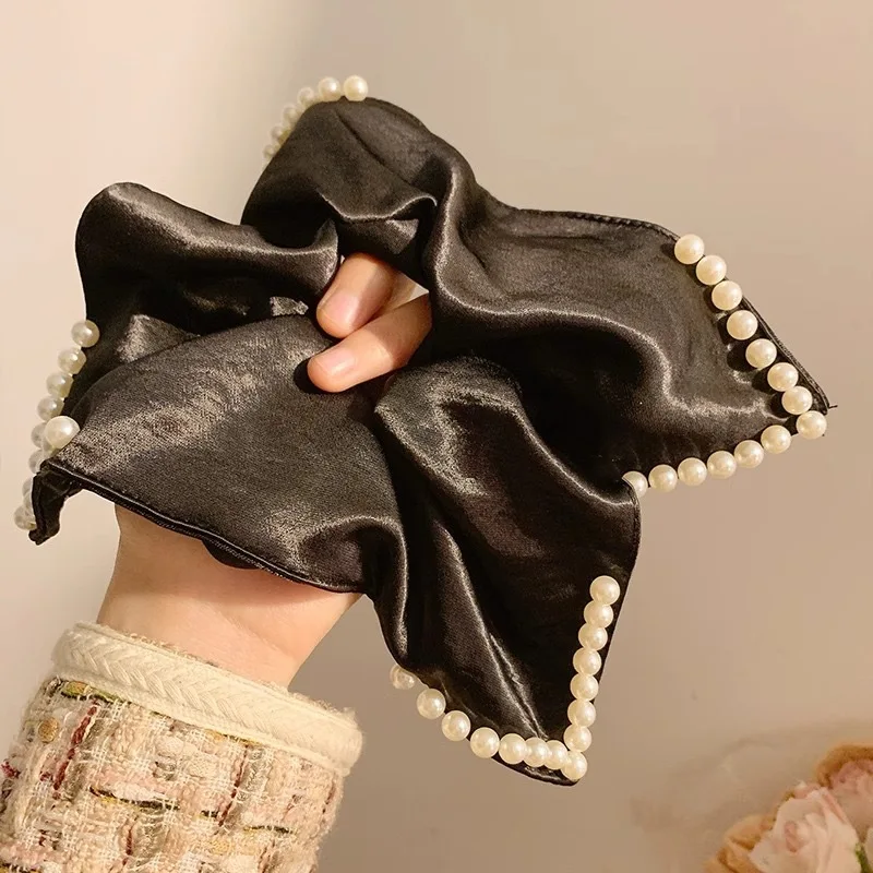 YK2 ريترو ستايل أنيق أبيض لؤلؤي مربع وشاح الشعر القوس عقال للنساء - الصيف ربط الشعر رئيس التفاف حبل الشعر