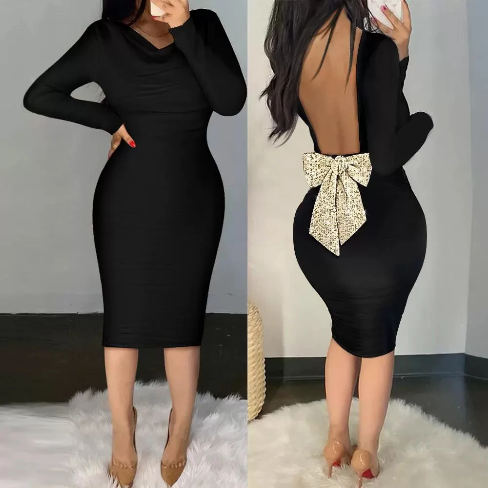 Plus Size Sexy Backless Party Dress Womens Knee Length Bodycon Pullover Long Sleeve Elegant Female Colorblock Bow Party Gowns