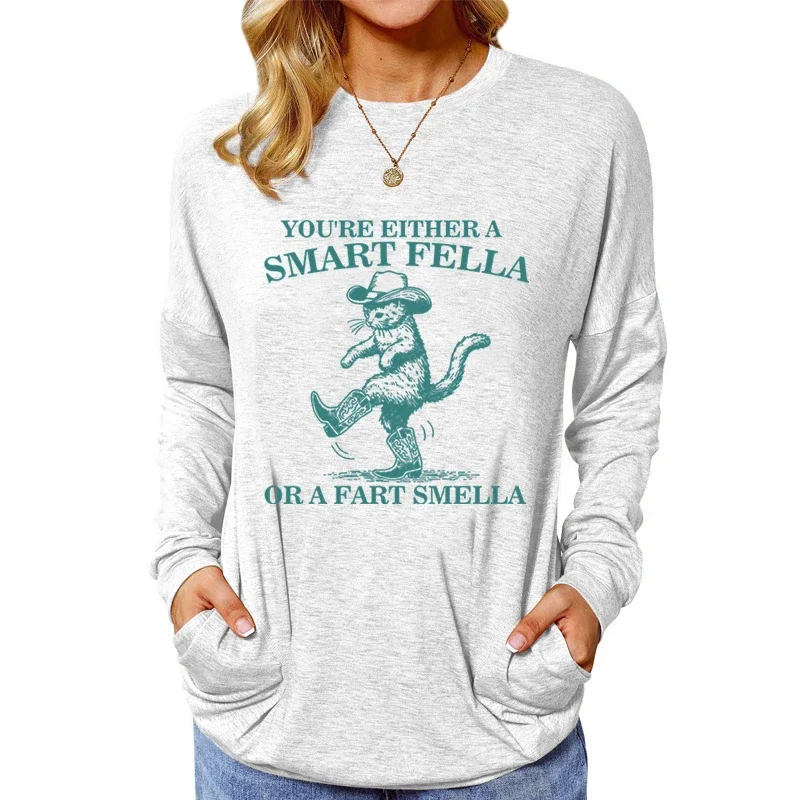 Cowboy Cats Retro Classic Top Smart Fella or Fart Smella Kittens Western Cowgirl Long Sleeves Cat Lovers Gift Long Sleeve Tshirt