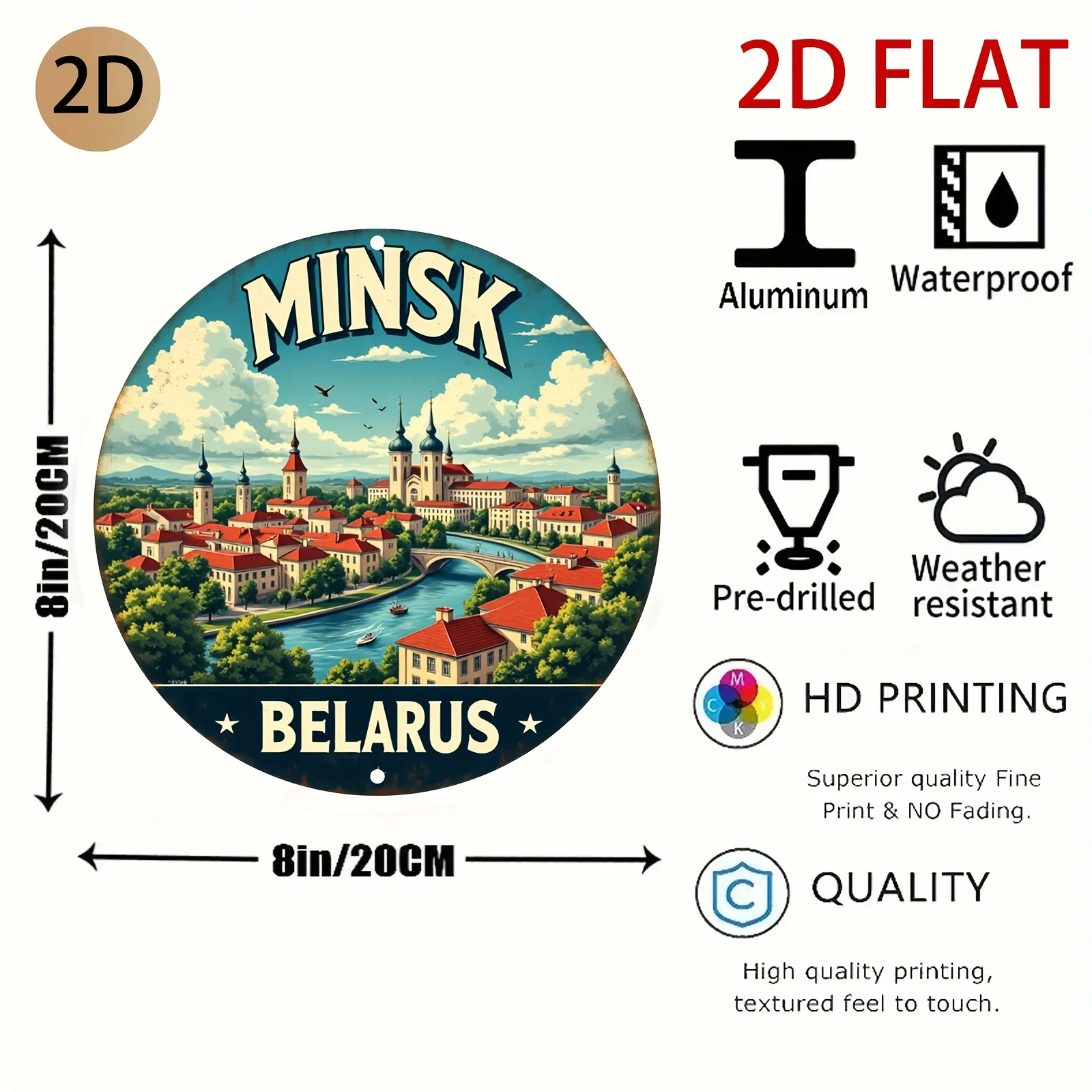 HD Tin Sign, Minsk Belarus Vintage Cityscape Round Metal Wall Art, Retro Travel Souvenir Decor