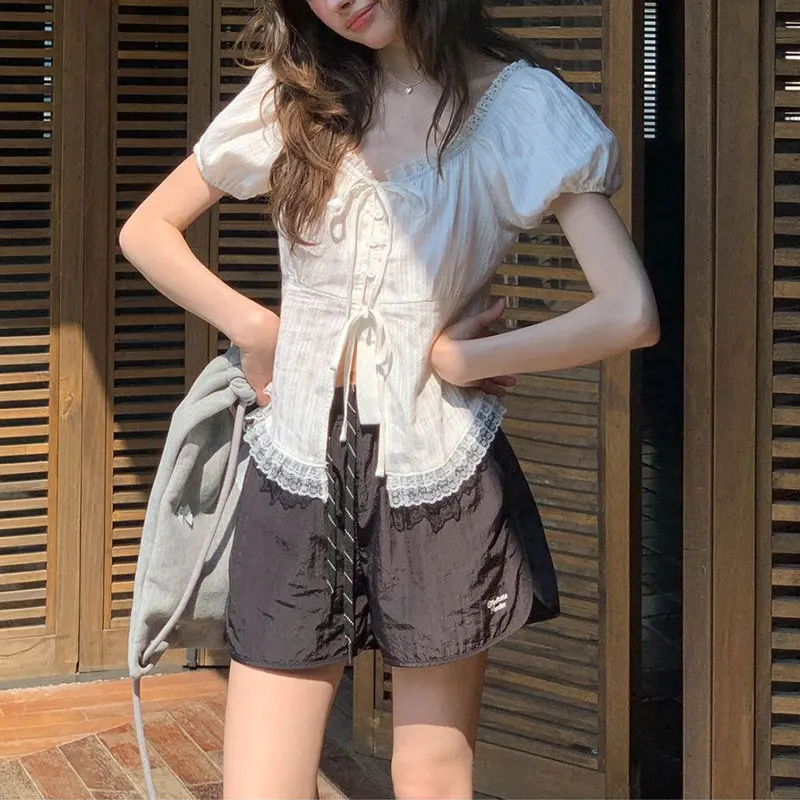 Summer Sweet Lace Spliced Shirts Stylish Drawstring Female Clothing Solid Color Elegant Square Collar French Style Slim Blouse