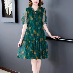 Fashion Casual Floral Printing Dresses Women Temperament Knee Skirts Summer Thin Flounce V-neck Short Sleeve Women's Clothing