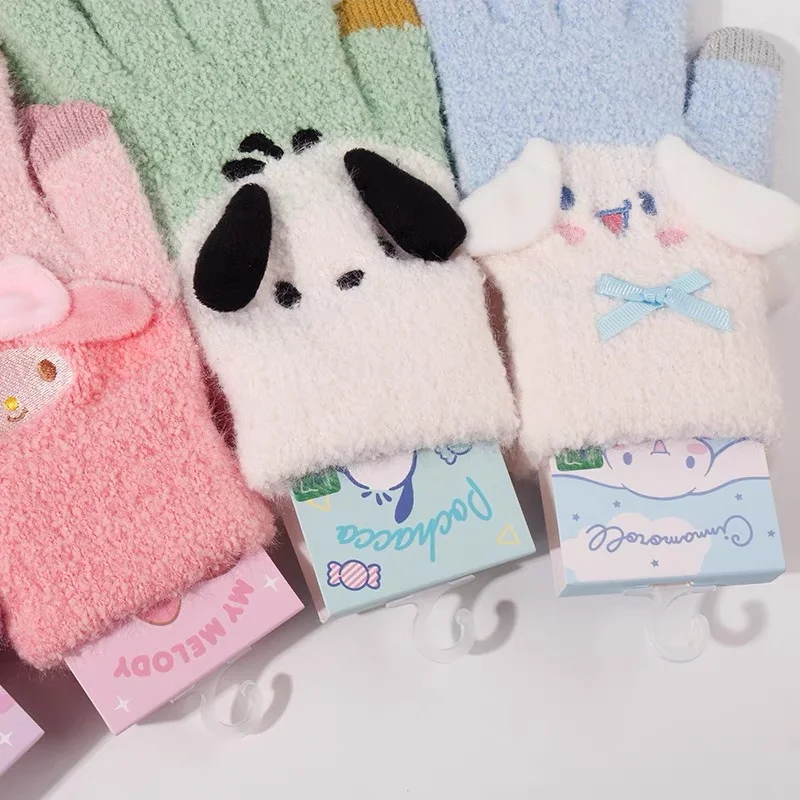 Cartoon Kawaii Cinnamoroll Warm Gloves High Beauty Sanrio Winter Plush Cold Resistant Gloves Kuromi Student Five Finger Gloves