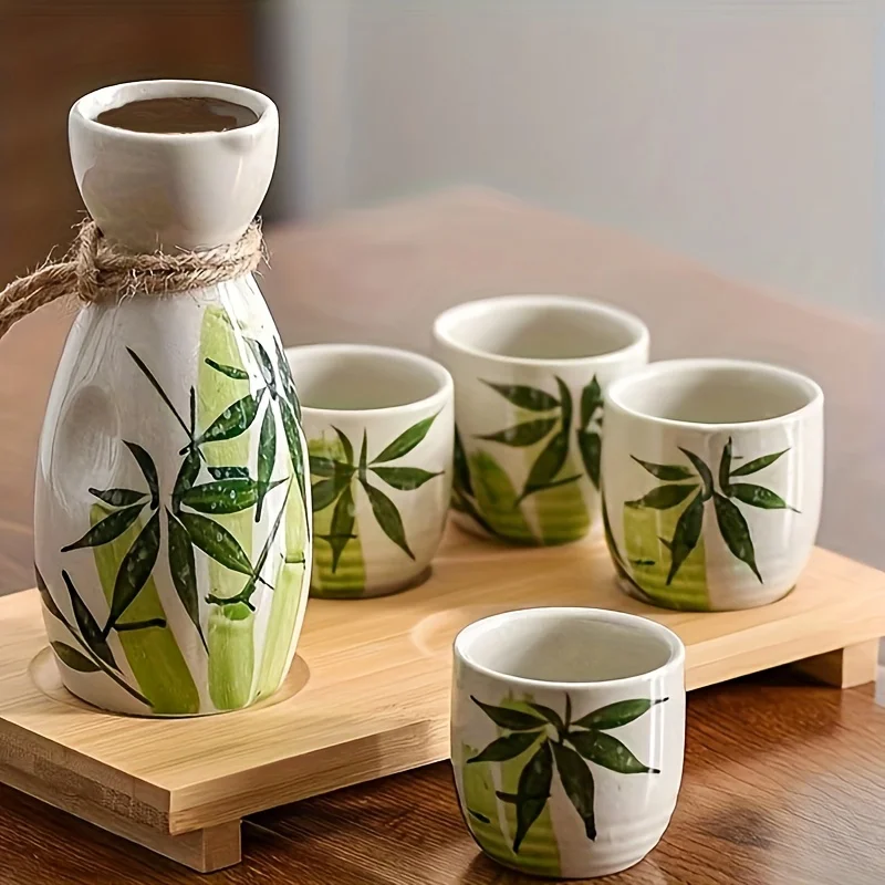 Set, Japanese Sake Set, Including 1pc Tokkuri Bottle and 4pcs Ochoko Cups, Bamboo or Flower Pattern Ceramic Sake Set