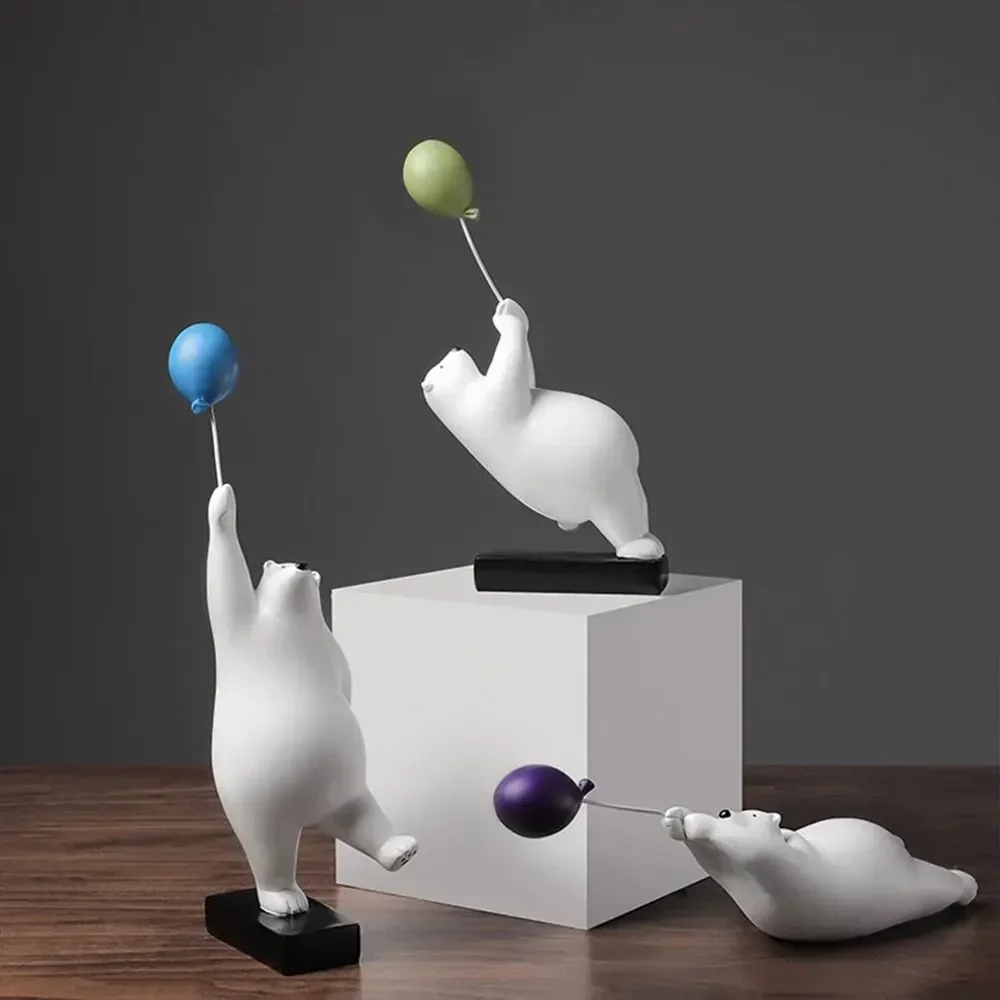 

Resin Creative Balloon Polar Bear Home Decor Room Figurines For Interior Desk Accessories Decoration Kawaii Statue Sculptures