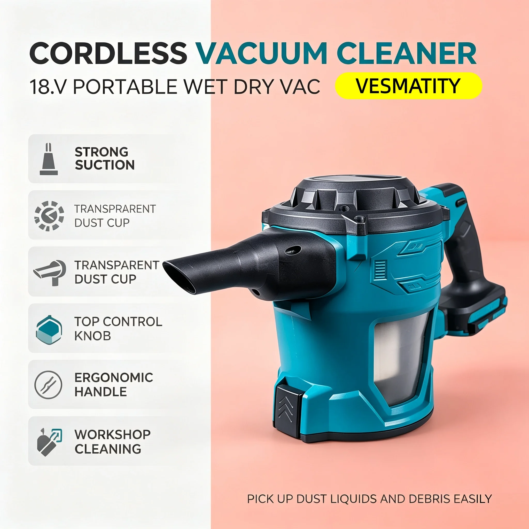 Handheld VESMATITY Portable Cordless Electric Vacuum Cleaner Dust Carpet Collector Machine Tool for 18V-20V Battery Pro