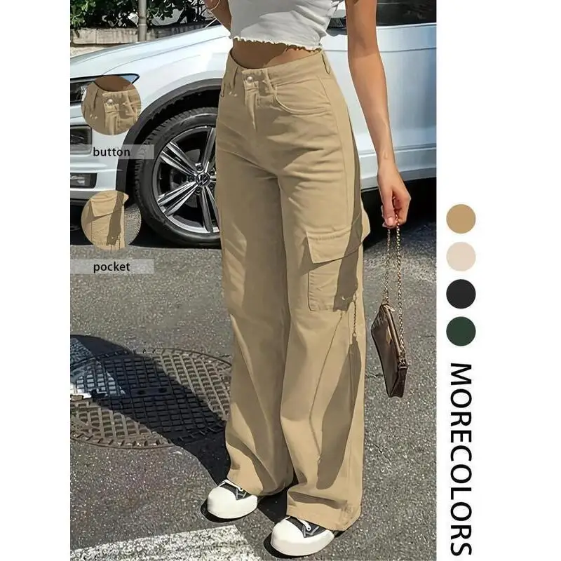 Women's Casual Street Retro Plain Flap Pocket Cargo Pants Neutral Style Harlan Pants Other Material 100% Summer Collection