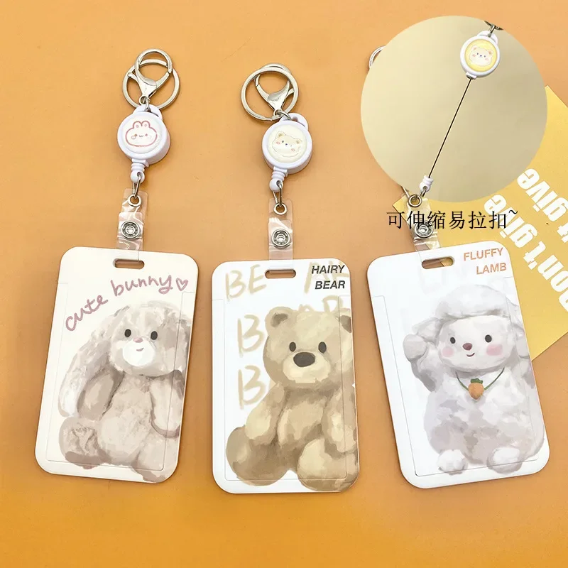 Smycz Cartoon Slide Card Sets ID Credit Card Holder Student Bus Cards Case Badge Holder Bear Print Card Cover with Hand Rope