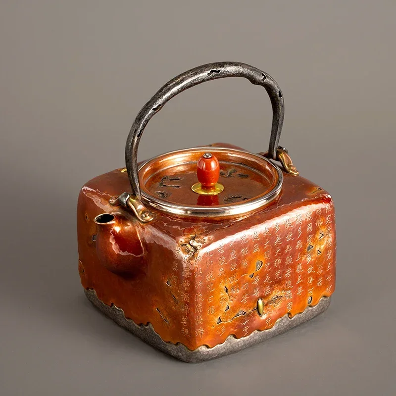 copper-wrapped silver pot feet sterling silver teapot Boil water Boil teapot Carving Heart Sutra Thousand feet of gold nails One