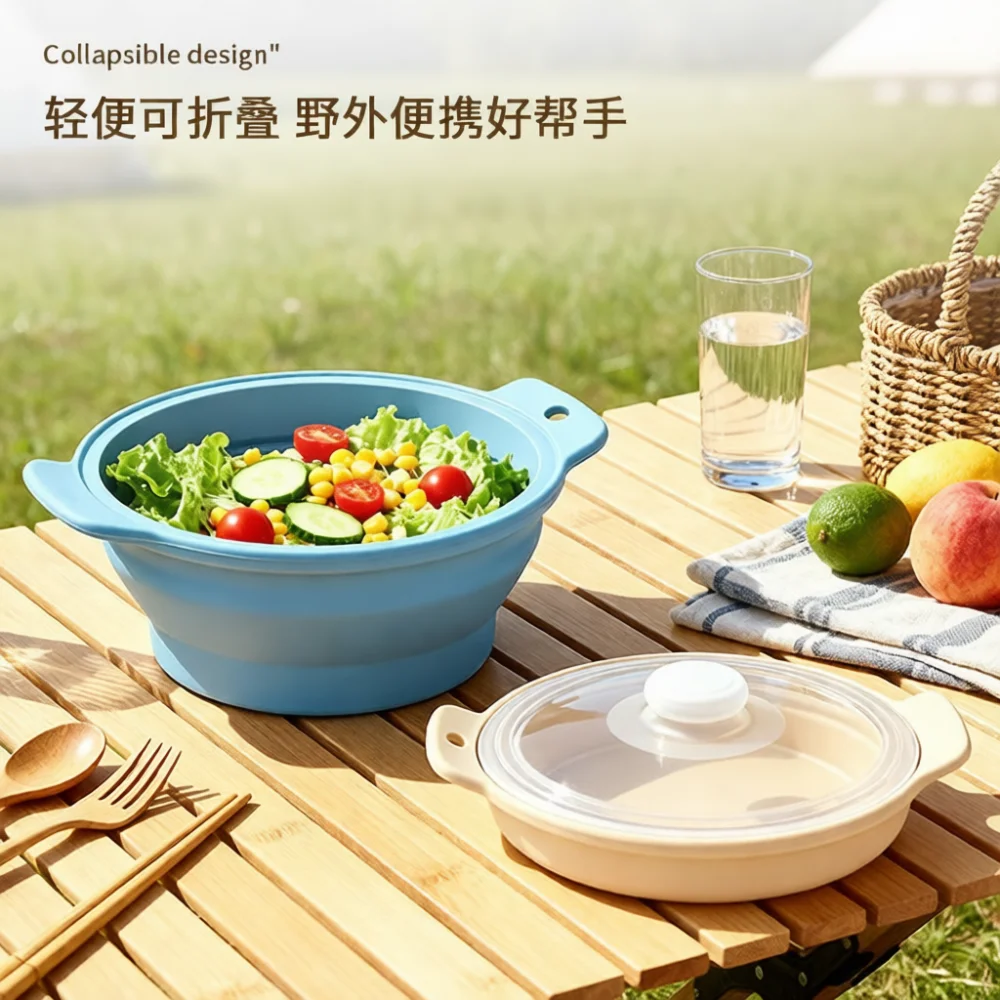 Foldable Silicone Steamer Bowl Durable Kitchen Soup Cooker With Lid Food Grade Microwave Oven Air Fryer Safe Camping Pot