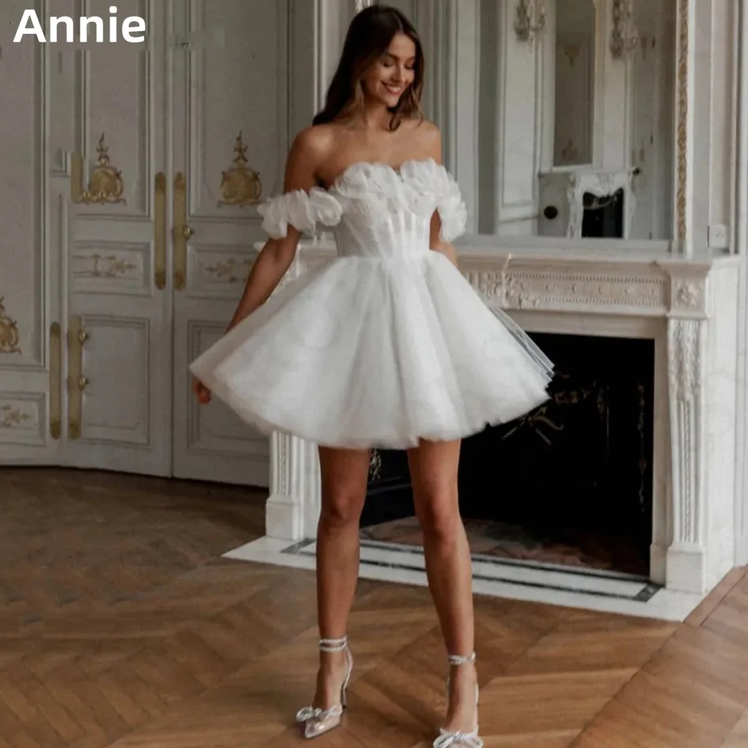 

Annie Fairy White Prom Dresses Sexy Glitter 3D Applique Mini Short Evening Dresses Formal Wedding Party Dress Robes De Soirée