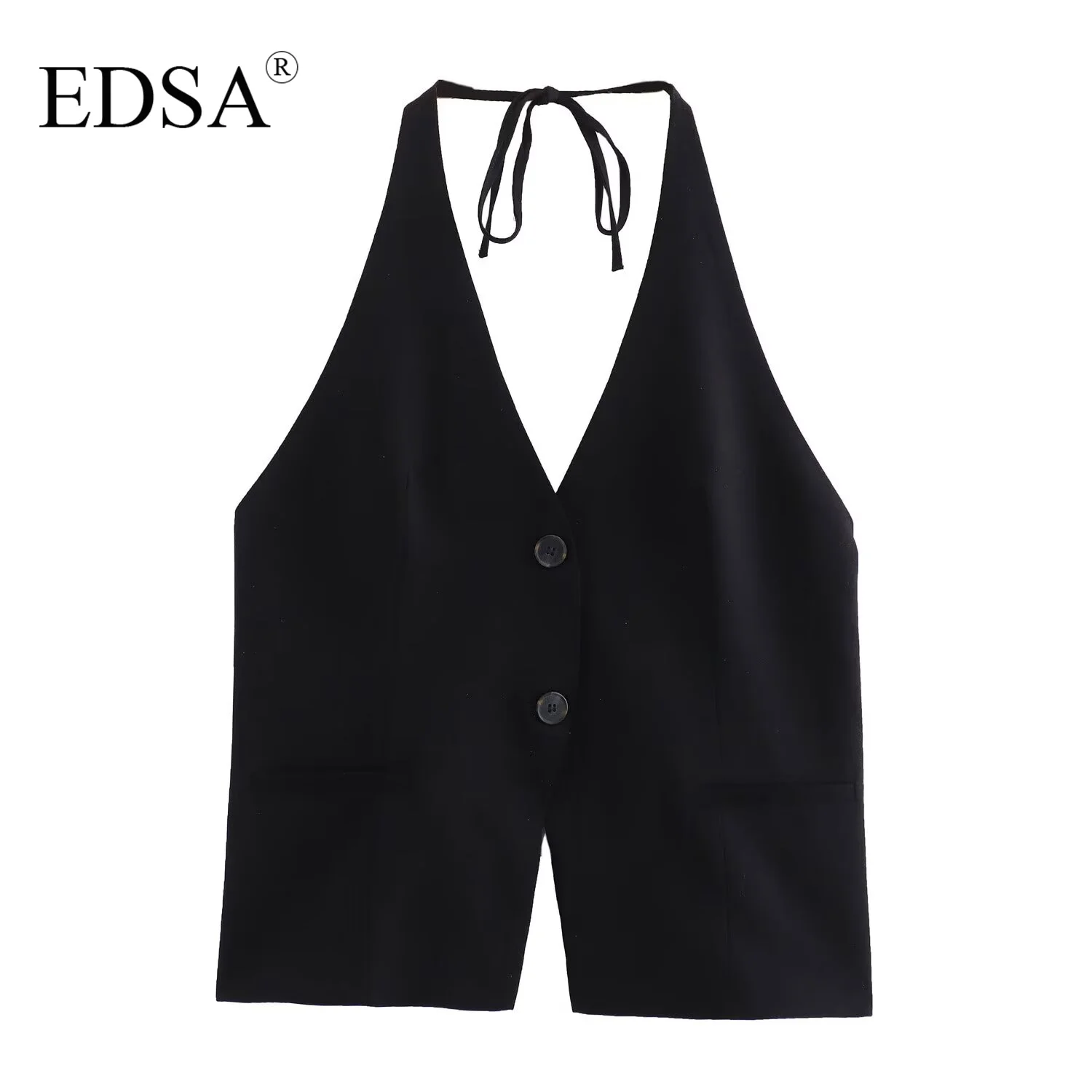 EDSA Women Elegant Halter Top with Tie V-neck False Welt Pockets Open Back Causal Female Single Breasted Blouse