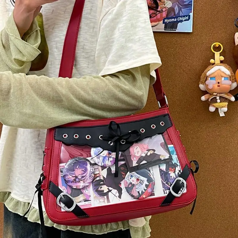 Hot Girl Y2k Anime Badge Ita Bag Women Harajuku Sweet Bow Ribbon Shoulder Bag Ladies Color Block PU Large Capacity Crossbody Bag