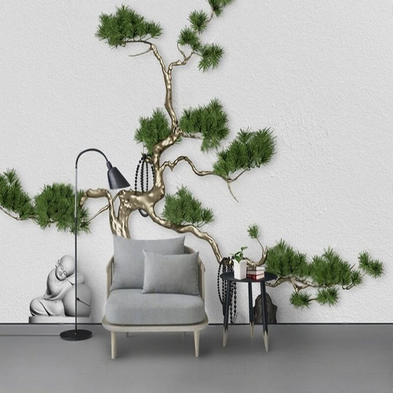 

Modern elegant and simple ironwork 3d stereoscopic pine tree little monk new Chinese-style background wall