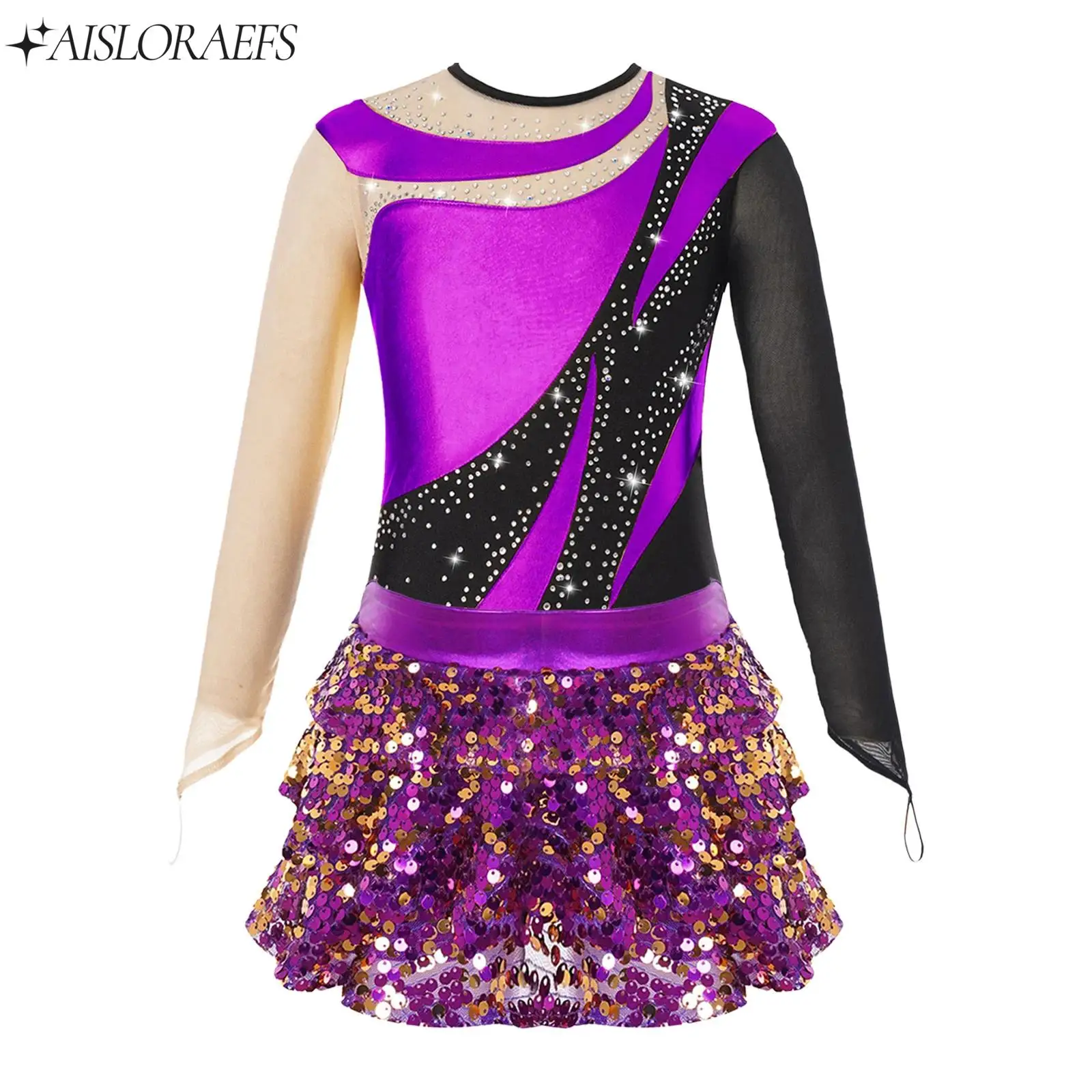 

Kids Girls Long Sleeve Ballet Dance Leotard with Shiny Sequins Skirted Shorts Teen Gymnastics Figure Skating Performance Outfits