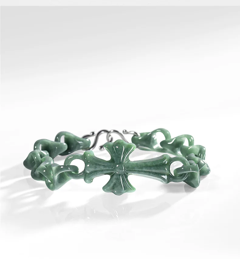 Grade A Natural Myanmar Jadeite Cross Chain Bracelet Carved Gemstone Beads Bangle Real Jade Jewelry Fashion Gifts for Women