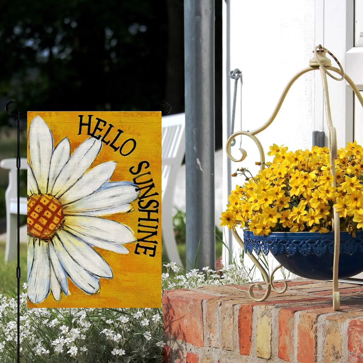 Spring Summer Garden Flags 12x18 Double Sided Outside, Hello Sunshine Daisy Floral Seasonal Decorations Vertical Burlap Yard Fla