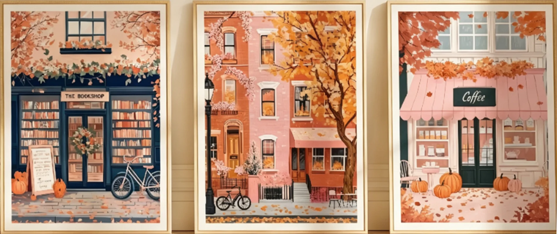 3 Pieces Autumn Street Canvas Wall Art Bookshop Coffee Shop Pumpkin Fall Print For Living Room Decor