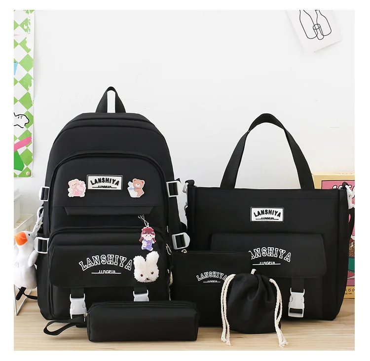 5-teiliges Set mit kostenlosen Anhängern im Waldstil, koreanische Version, lässiger Harajuku-Studentenrucksack für Mädchen mit großer Kapazität – Detail 19