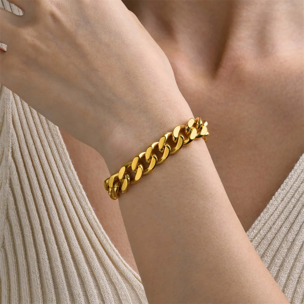 Gold Color Stainless Steel 9mm Thick Cuban Link Chain Bracelets Necklace For Women Men Fashion Party Wedding Jewelry Sets Gift