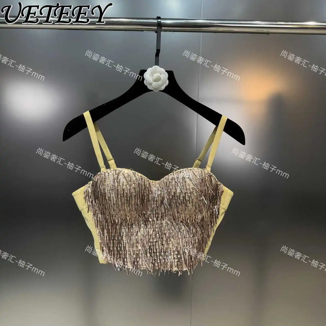 Summer New with Chest PadSexy Beauty Back Sling Crop Tops Heavy Industry Tassel Unique European and American Style Camisole