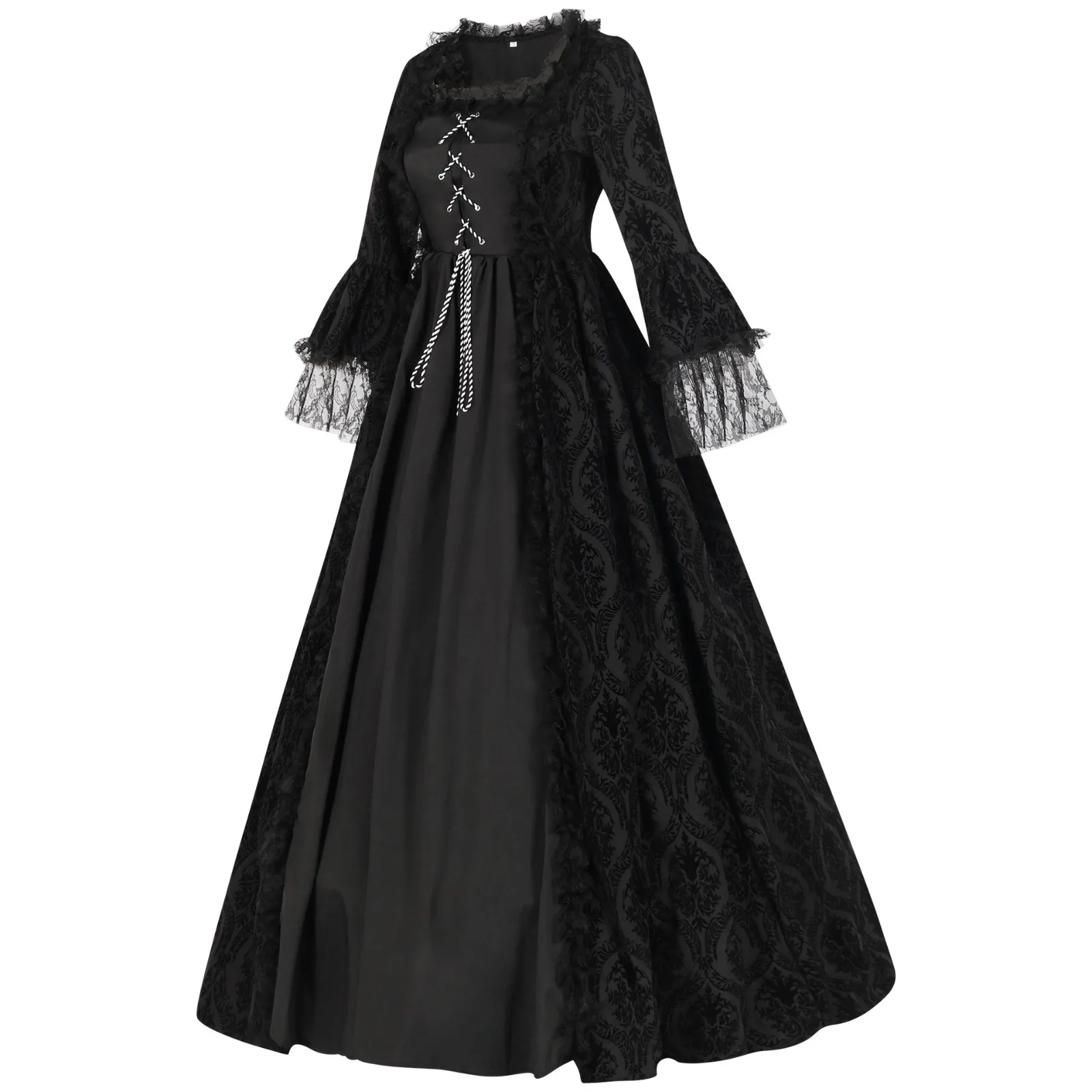 Women's Vintage Lace Patchwork Dresses Bell Sleeve Medieval Gown Gothic Costume Bandage Dress Medieval Victorian Court Dress