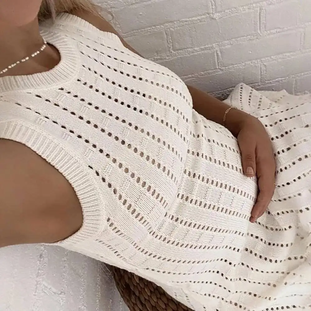 Women's Sleeveless Dress 2025 Summer New Solid Color Knit Dress Cutout Crew Neck Sexy Hollow Out Beach Cover Up Maxi Dress