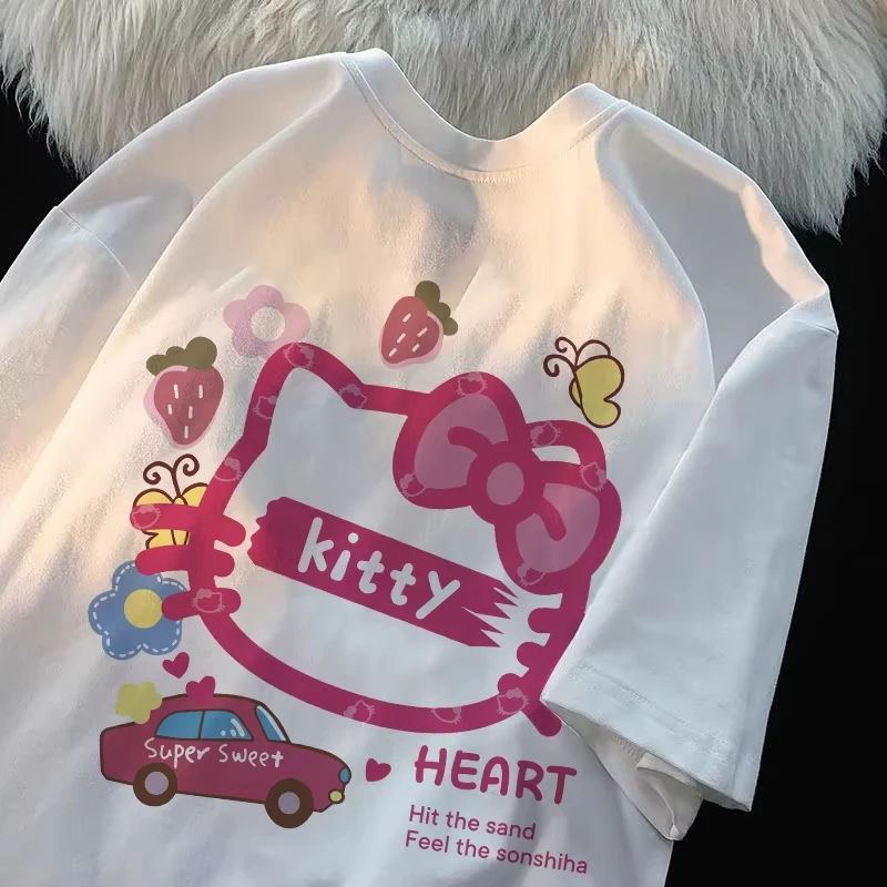 

Летняя футболка 2026 года из 100% хлопка с принтом Sanrio Hello Kitty, повседневная свободная футболка для родителей и детей, винтажный топ в стиле Харадзюку, коллаборация с 52TOYS.