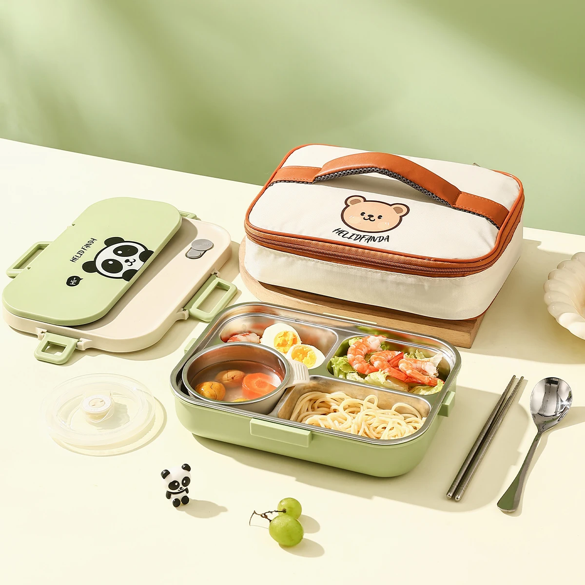 WORTHBUY 4/5 Grids Portable Lunch Box With Soup Bowl 304 Stainless Steel Bento Box Microwave Leak Proof Cute Food Box 1500ML