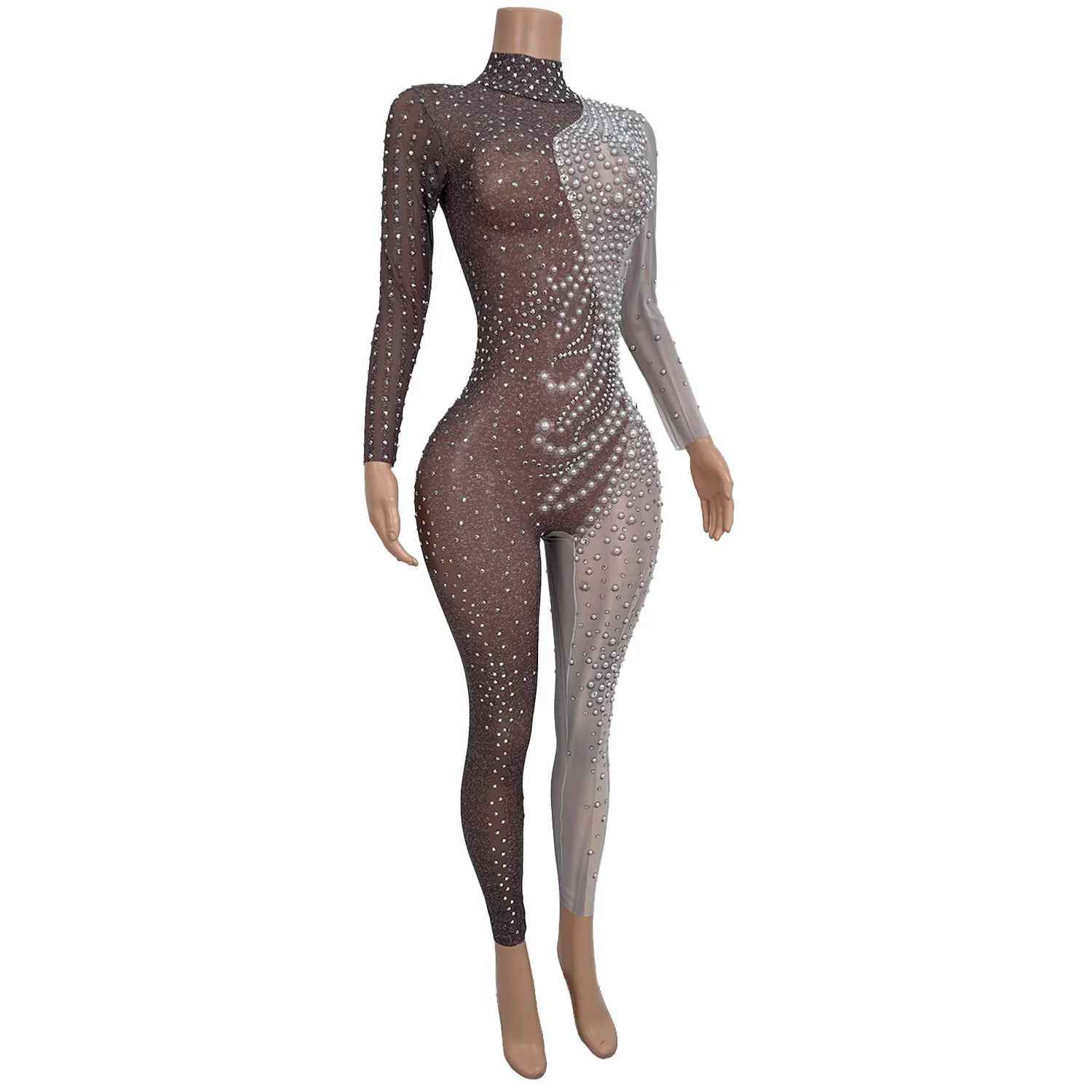 High-End White Pearl Design One-Piece Suit Sexy Girl Club Bar Dance Performance Costume Sensual Fashionable Ensemble Yinyangku