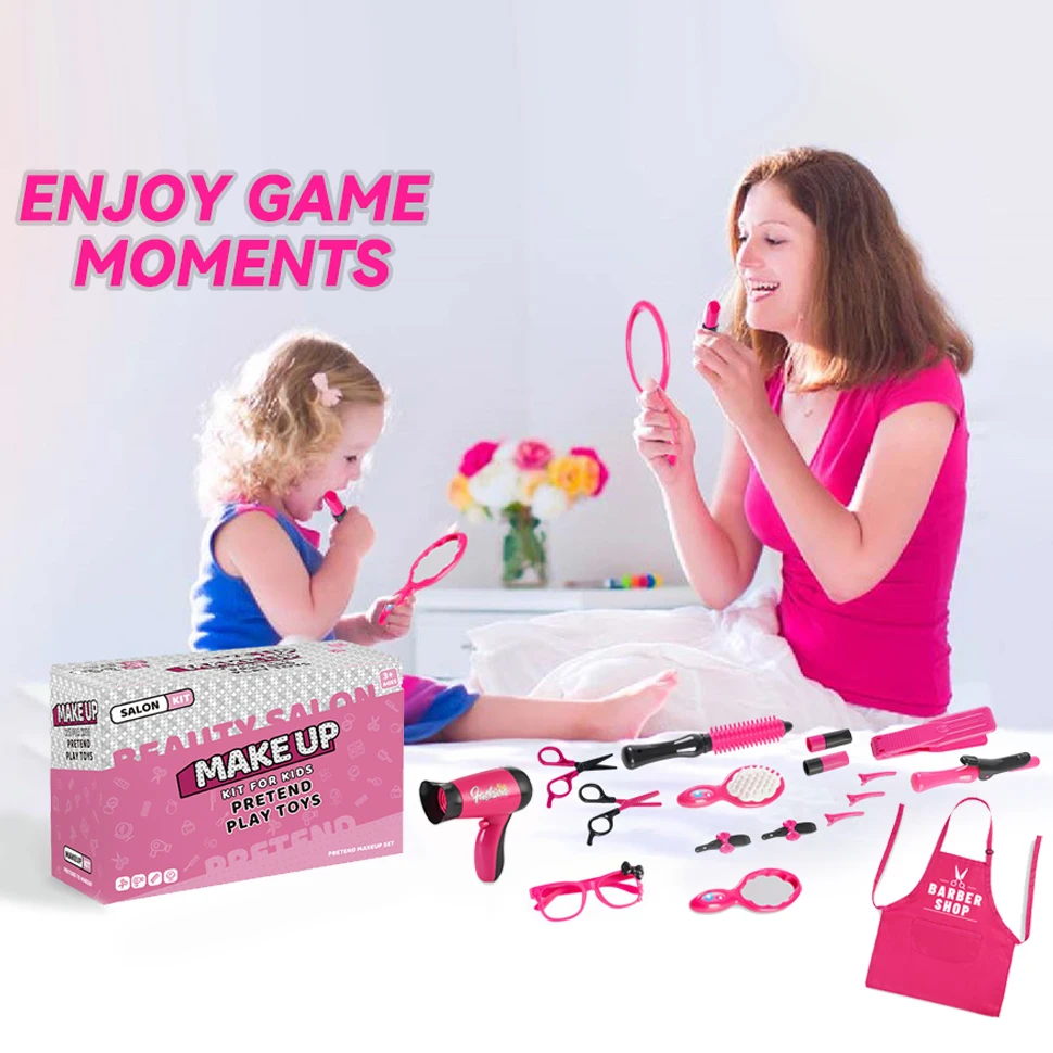 Set da salone di bellezza per ragazze da 17 pezzi, kit per tagliare i capelli, giocattolo da parrucchiere con asciugacapelli, forbici, grembiule da barbiere, regalo per ragazza