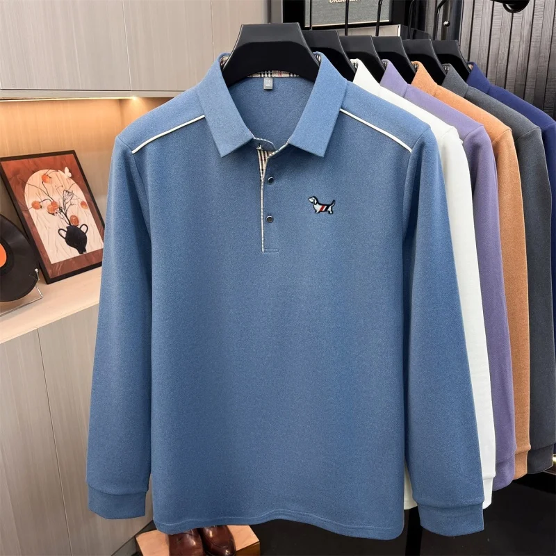 Luxuriöses Herren-Poloshirt mit Stickerei-Print, Herbst-Neuheit, einfarbig, langärmelig, mit Kragen, Business-Casual-Herrenbekleidung – Detail 4