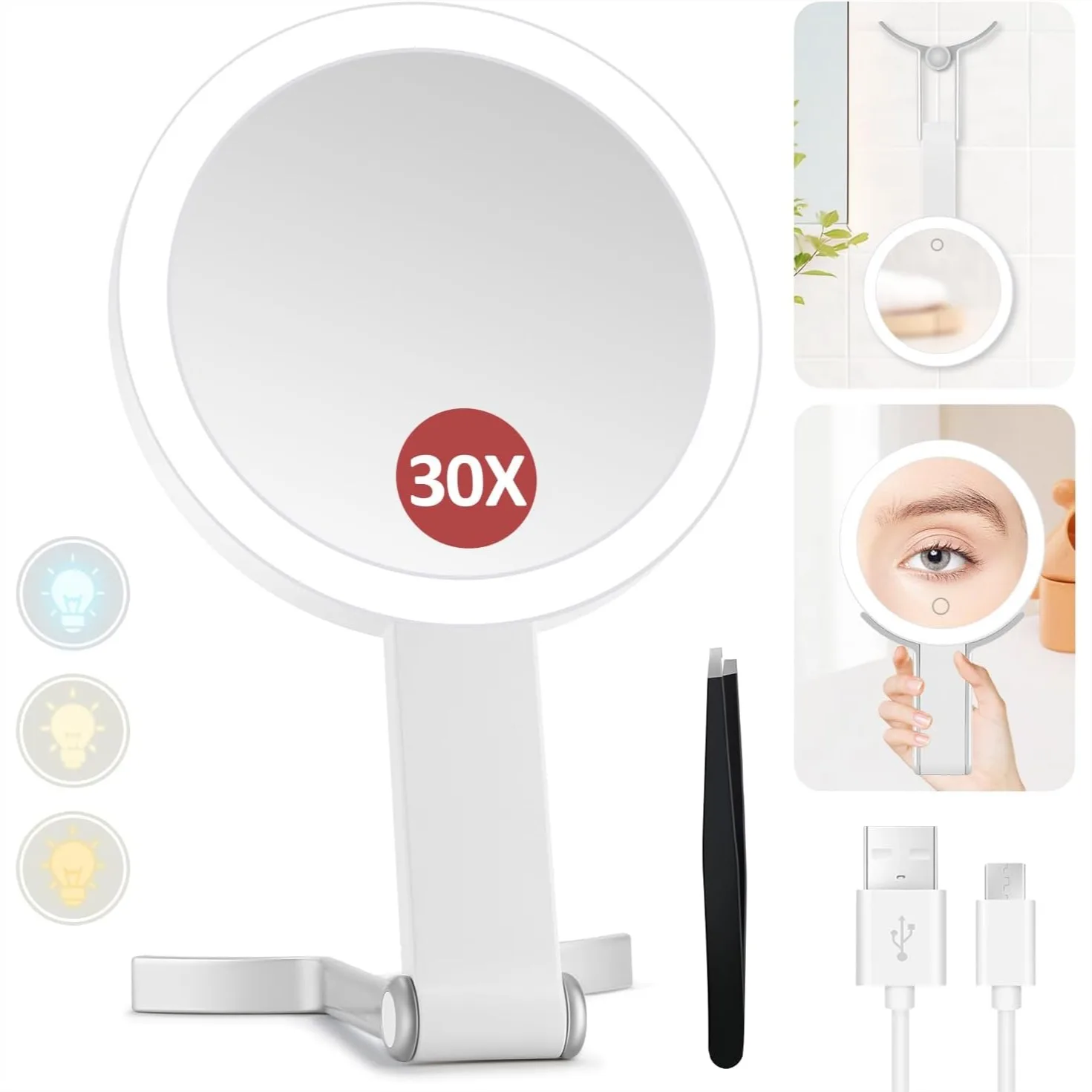 

Lighted Makeup Mirror 30X Magnification With Adjustable Brightness Hanging Handheld Portable Travel Vanity Mirror For Women