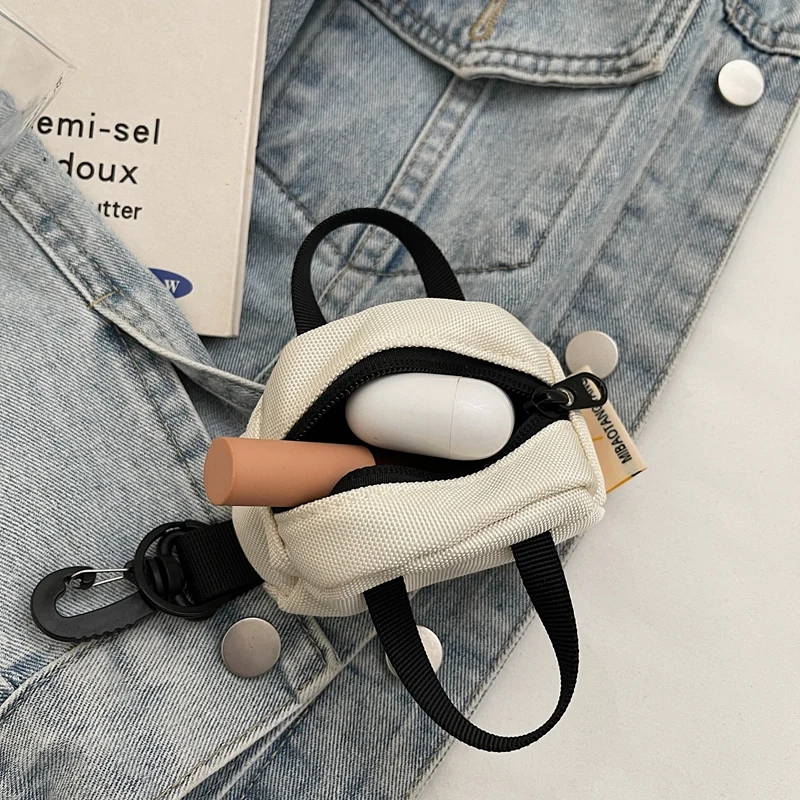 Cute Mini Earphone Bags For Women Canvas Solid Color Backpack Pendant Lipstick Coin Purse With Hook Lightweight Casual Belt Bags