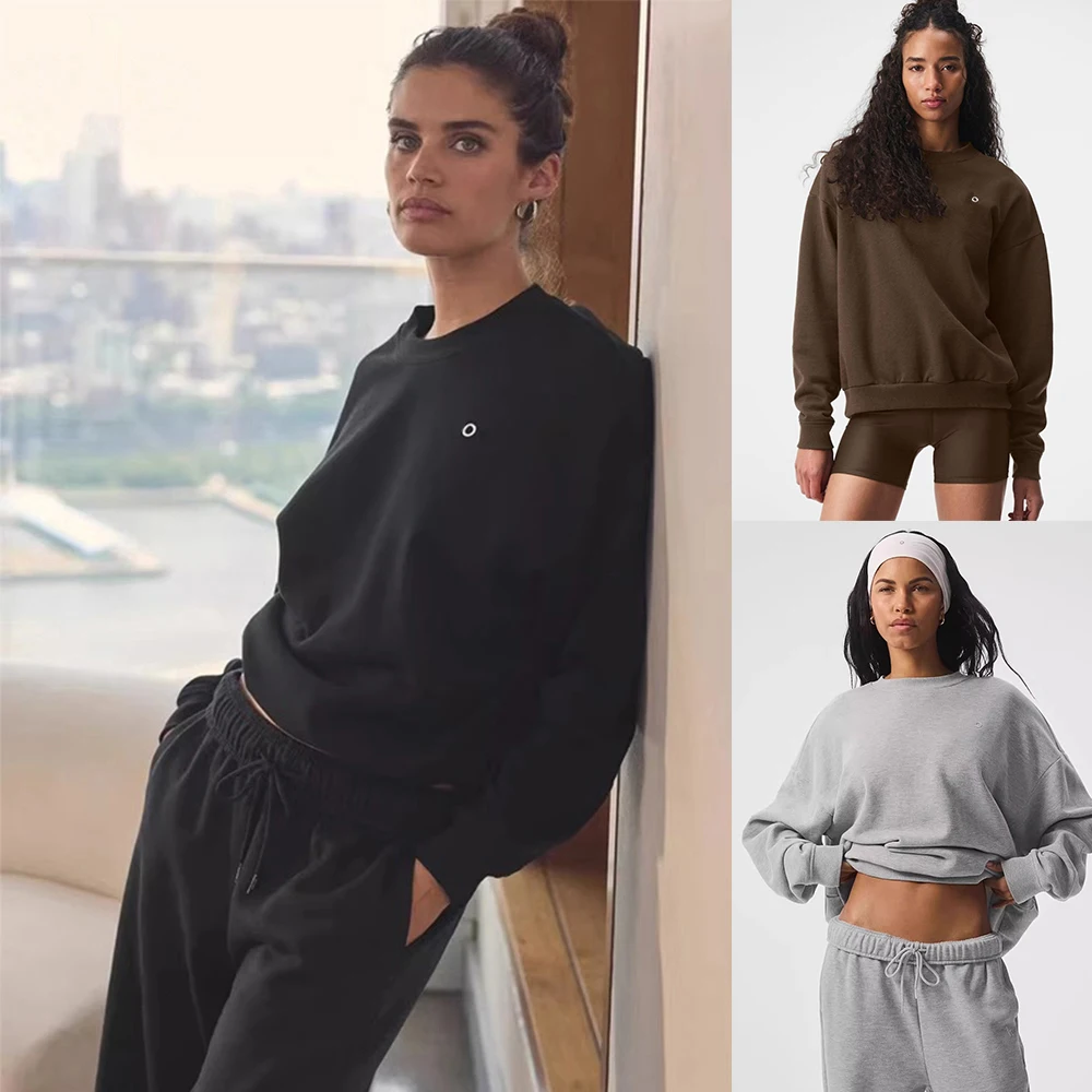

Solid color round neck long sleeved women's casual shirt, classic and fashionable sportswear, loose, comfortable and neutral