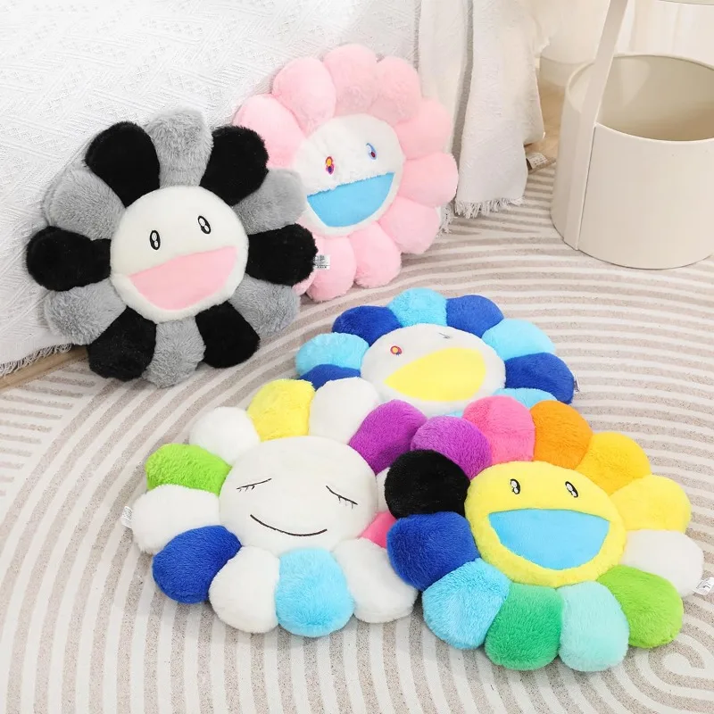 Cozy Sunflower Plush Cushion Cute Flower Face Stuffed Cushion Colorful Rainbow Floor Pillow Sofa Decorative Bedroom Accessories