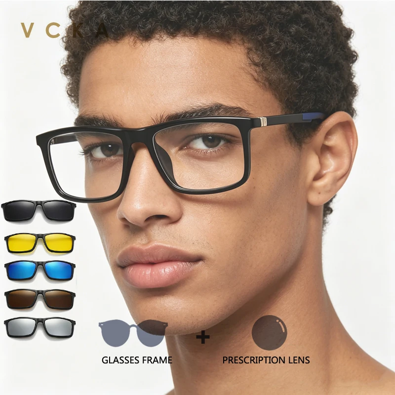 

VCKA 1Frame + 5 Clips Square Optical Myopia/Hyperopia/Progressive Sunglasses Men Women Magnetic Set Glasses TR90 Prescription