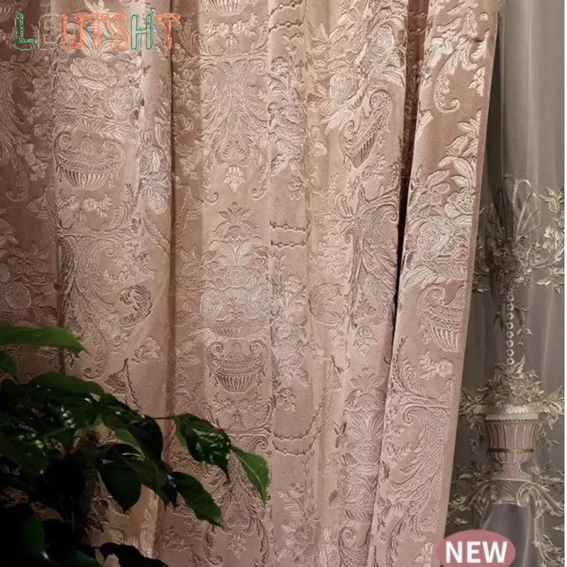 Custom Size  Blackout Retro Luxury Embroidery Pink Velvet Curtains for Living Dining Room Bedroom High Window Villa Curtains