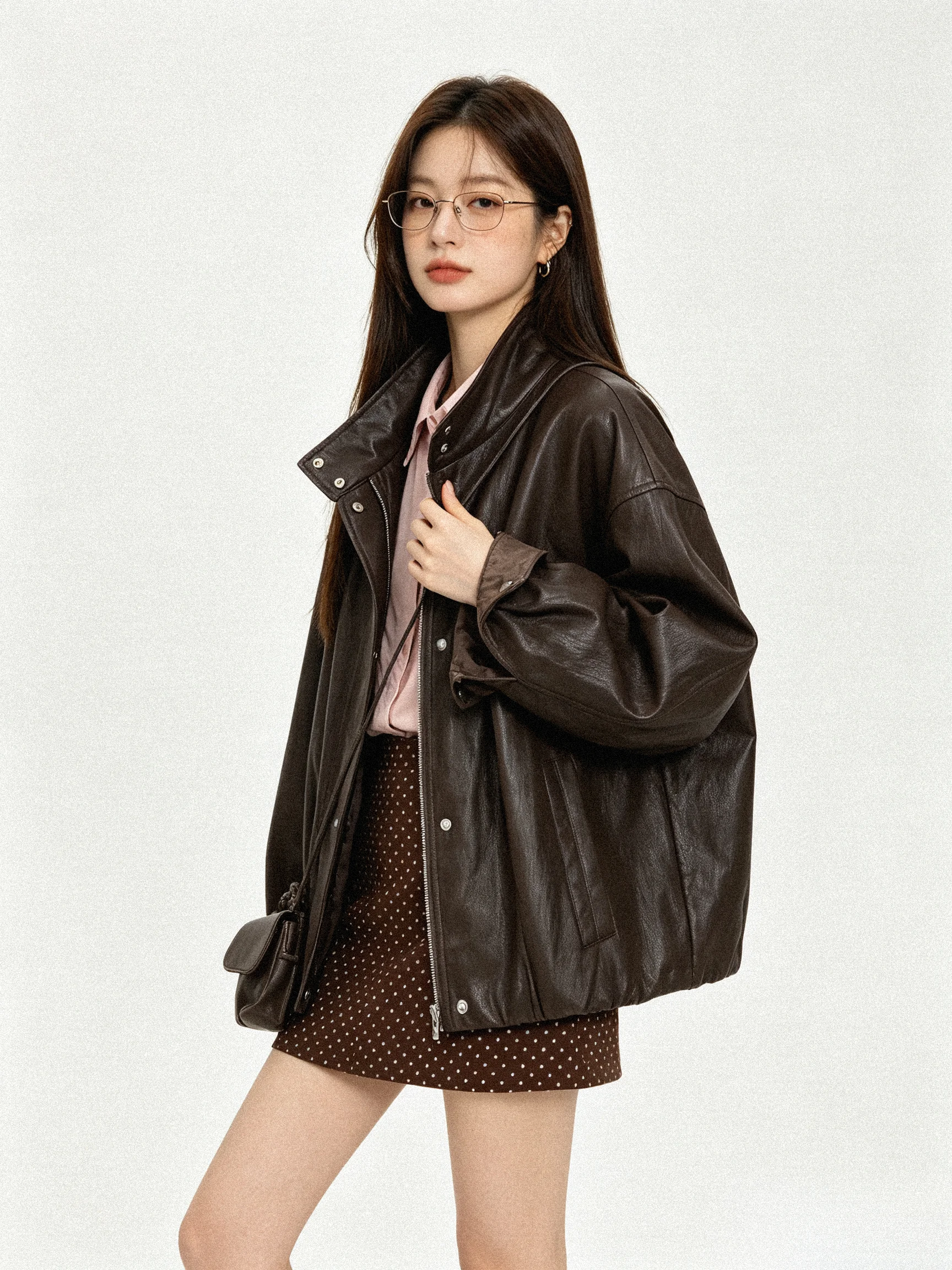 Elegant Korean Style Motorcycle Jacket Short Coat Stand Collar Slimming Design Casual Fashion Women's Leather Coat