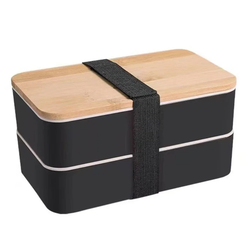 Double Layer Bento Box Multipurpose Wooden Lid Compartment Bento Lunch Box For Work School Home 1200ML Black