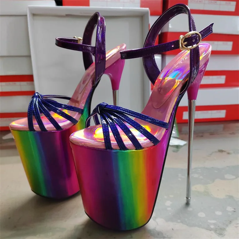 Summer 19cm Metal Thin High Heels Sandals Female Platform Women\'s Dress Shoes Narrow Band Steel Pipe Dance Buckle Stripper Pumps