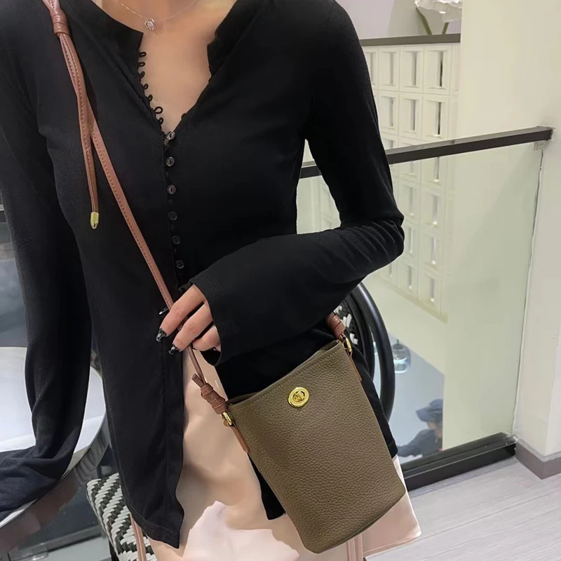 Genuine Leather Mini Bucket Bags For Women Luxury Designer Handbags Purses 2024 New In First Layer Cowhide Mobile Phone Shoulder