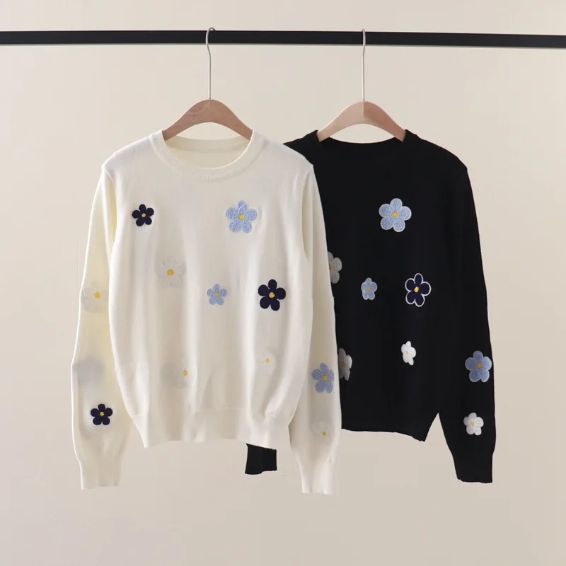 

Autumn new flower embroidery patch loose round neck long sleeve pullovers sweater outer wear bottoming sweater for women