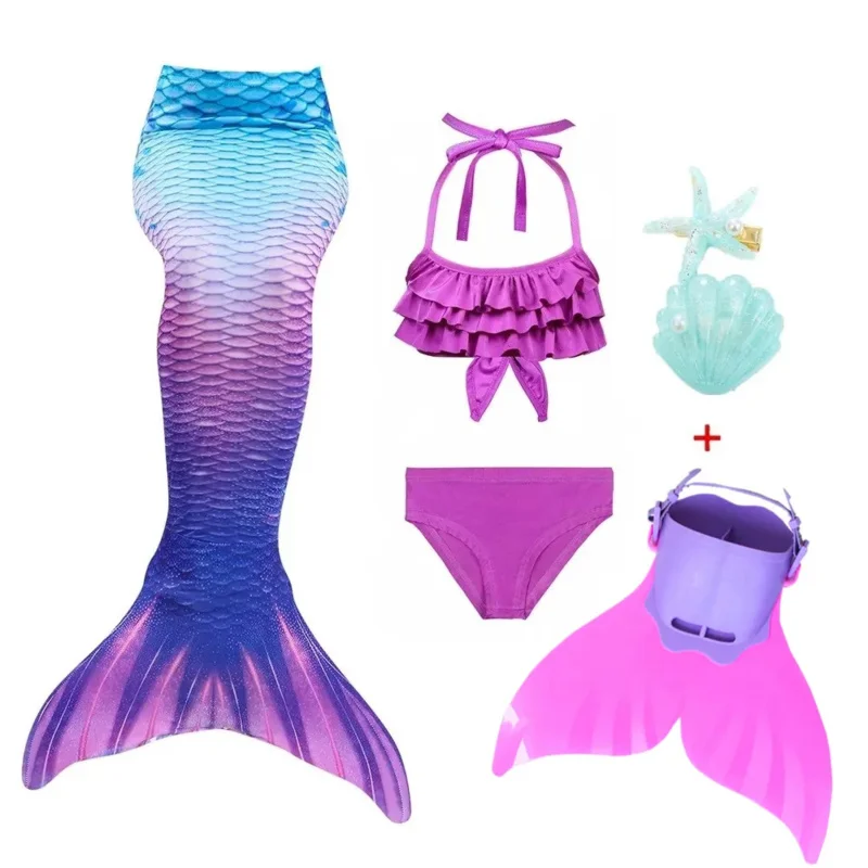 Kids Swimmable Mermaid Tail for Girls Swimming Bating Suit Mermaid cosplay Costume Holiday Swimsuit Hairpin can add Monofin Fin