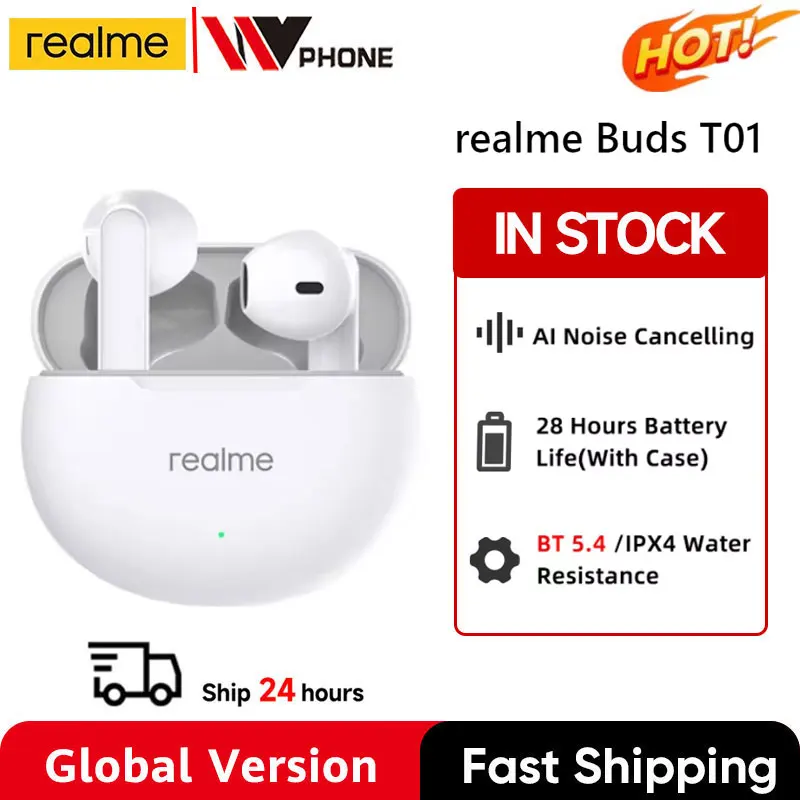Realme-Écouteurs Bluetooth Buds T01, Écouteurs Hi-Res, Autonomie de 28 Heures, AC, Version Globale, Allemands Inconnus, Première Mondiale